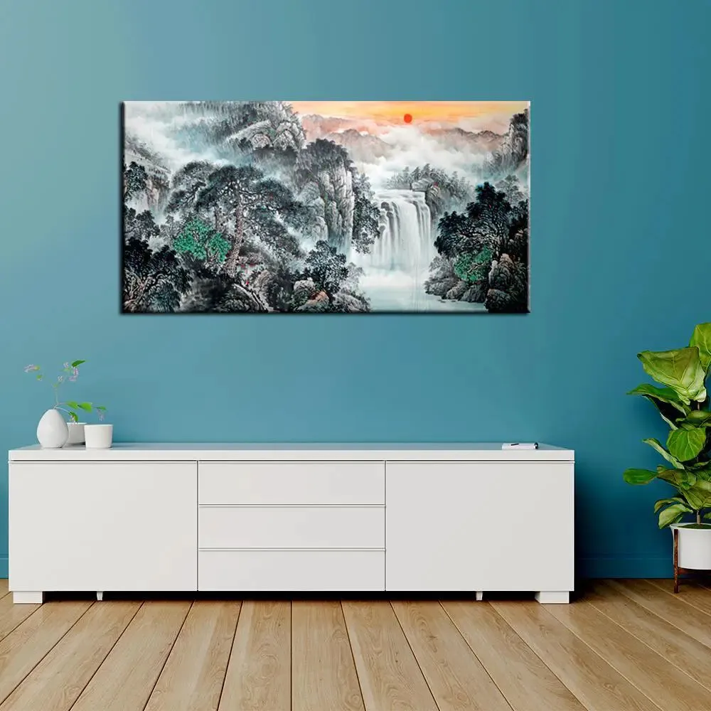 Big Panoramic Mountain And River Natural Beautiful Scenery Canvas Painting With Frame