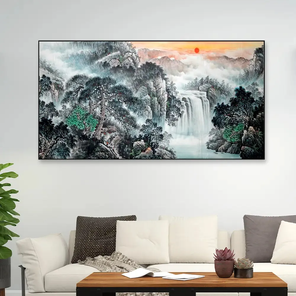 Big Panoramic Mountain And River Natural Beautiful Scenery Canvas Painting With Frame