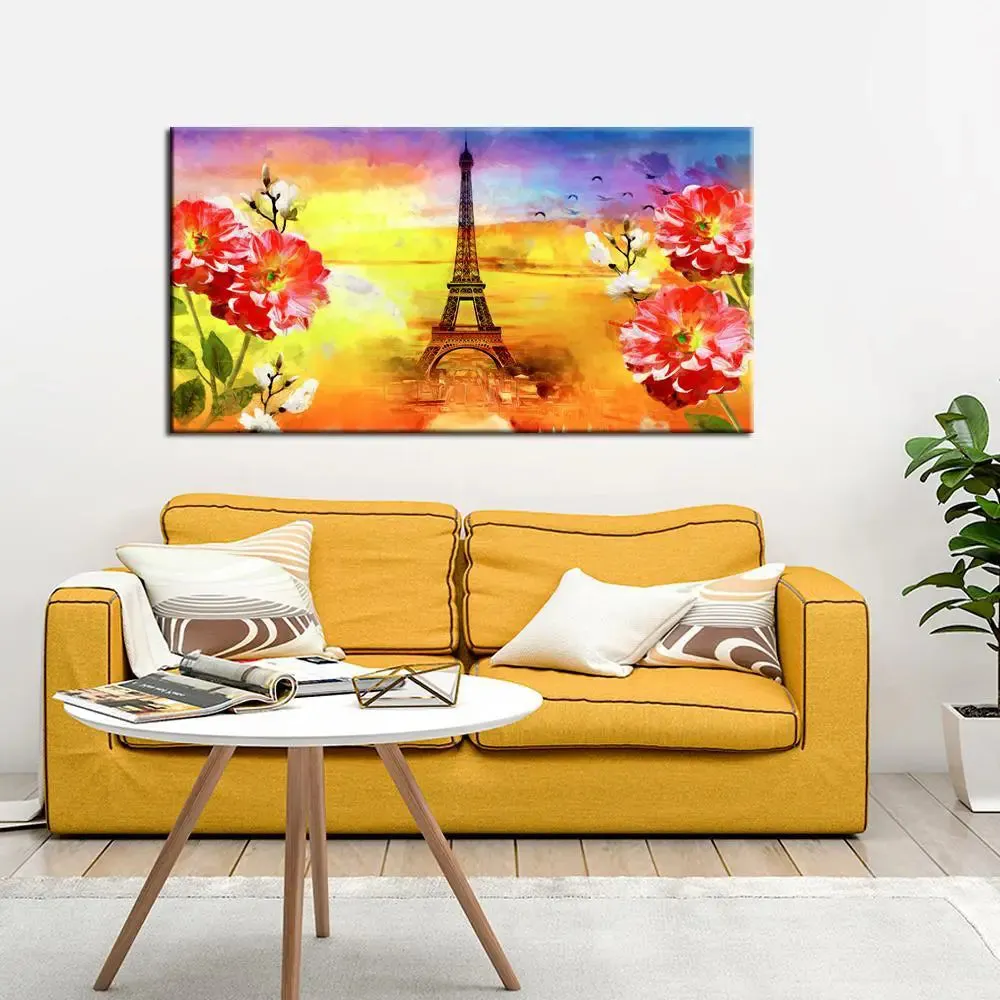 Big Panoramic Paris Eiffel Tower Canvas Painting With Frame