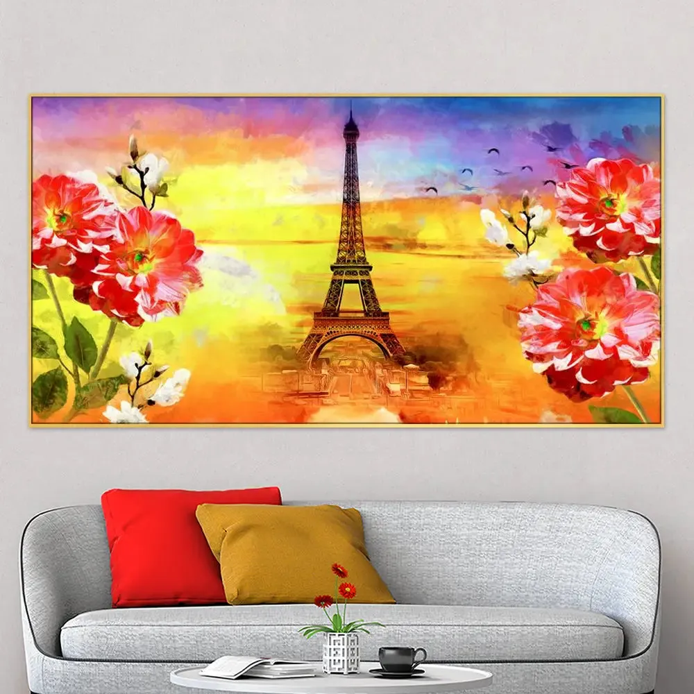 Big Panoramic Paris Eiffel Tower Canvas Painting With Frame
