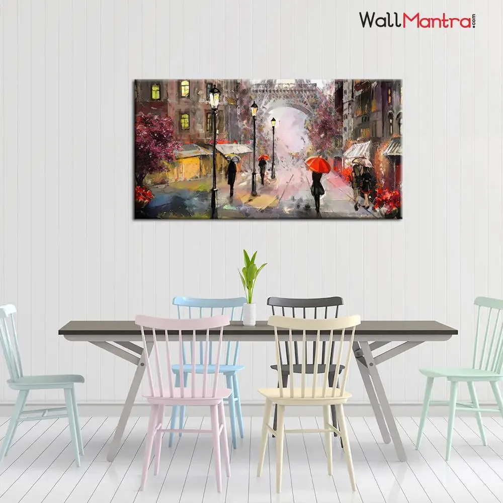 Big Panoramic Paris Street Rainy Day Scenery Canvas  Wall painting With Frame