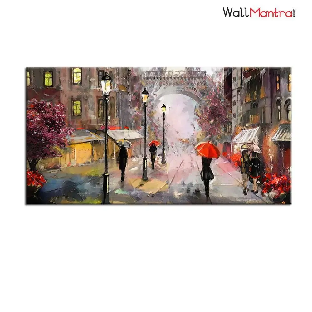 Big Panoramic Paris Street Rainy Day Scenery Canvas  Wall painting With Frame