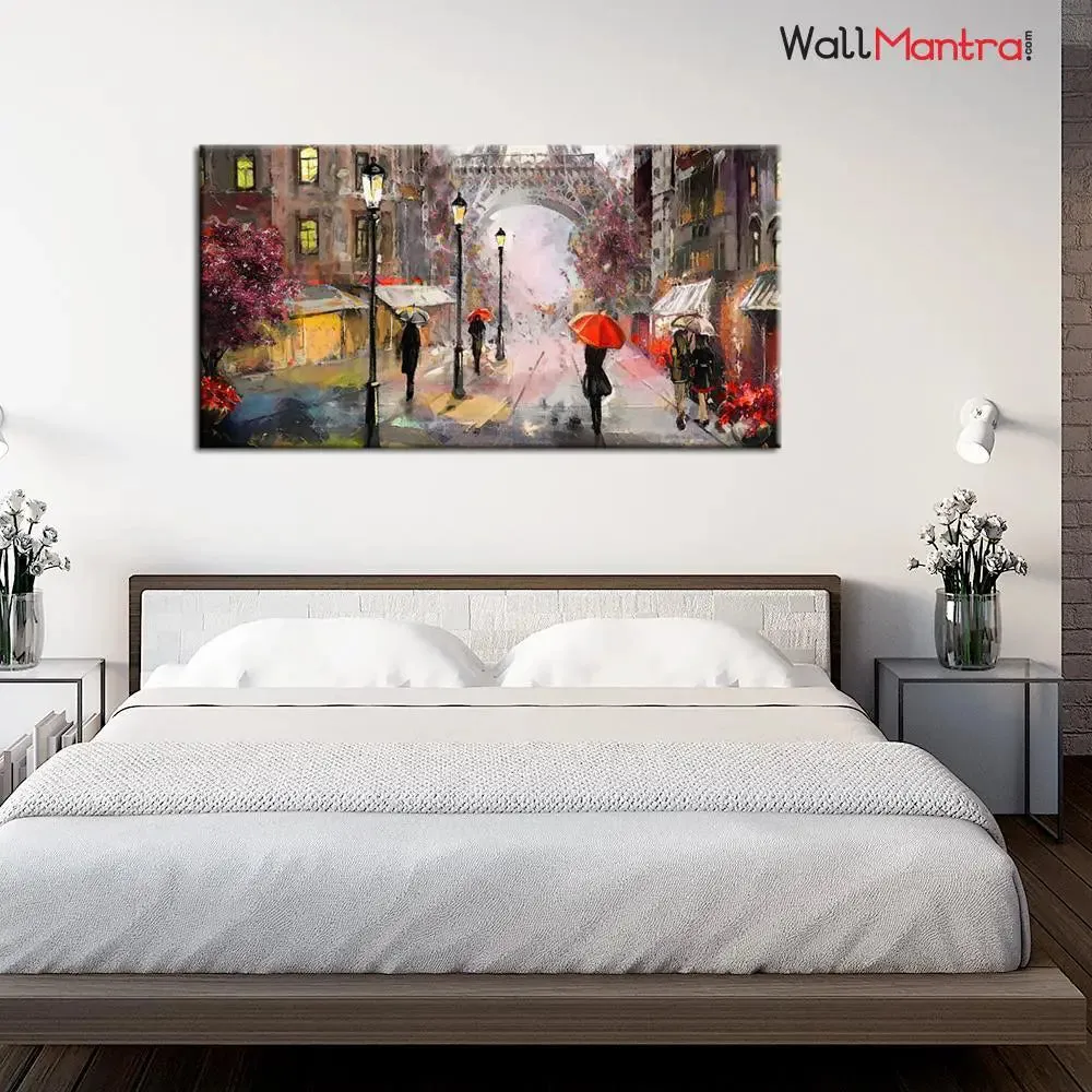 Big Panoramic Paris Street Rainy Day Scenery Canvas  Wall painting With Frame