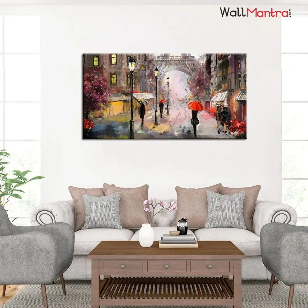 Big Panoramic Paris Street Rainy Day Scenery Canvas  Wall painting With Frame