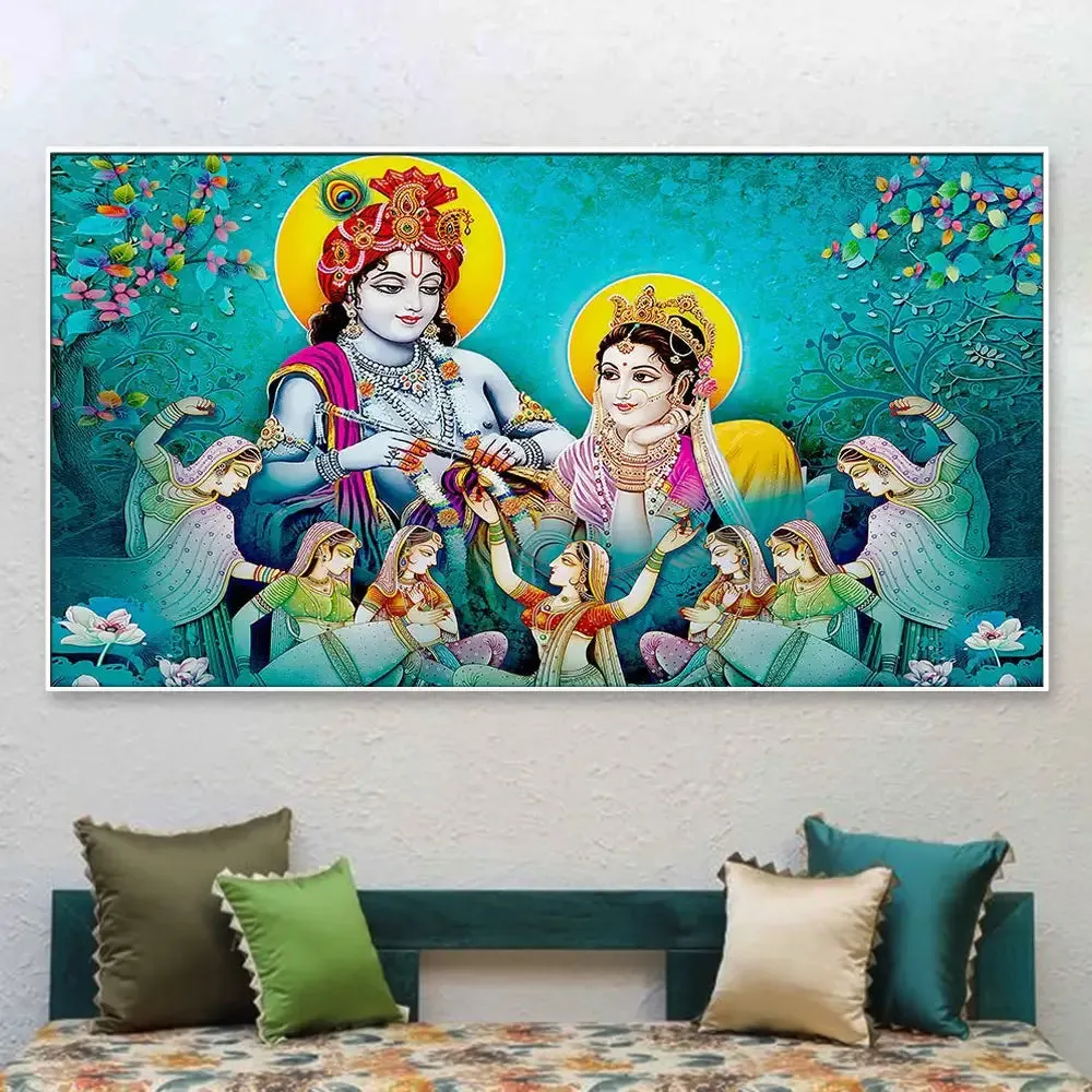 Big Panoramic Radha Krishna Canvas Wall Painting With Frame