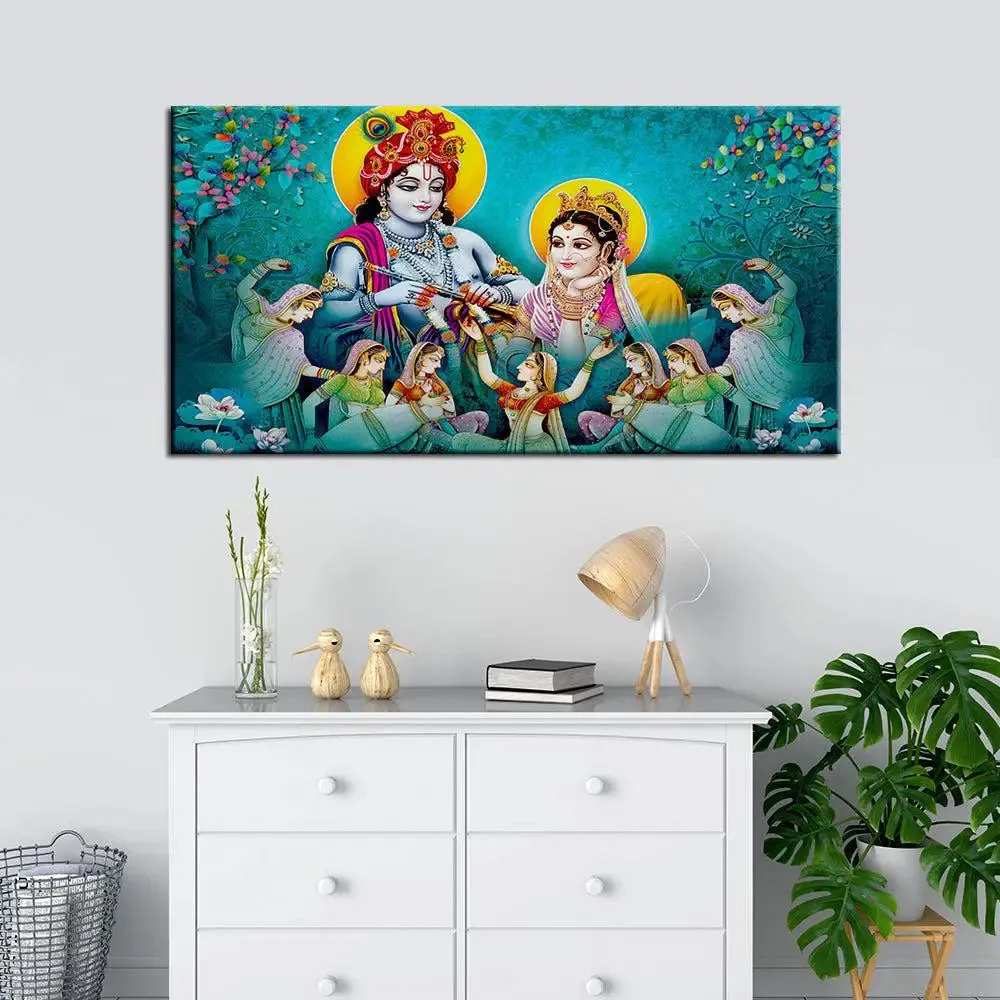 Big Panoramic Radha Krishna Canvas Wall Painting With Frame