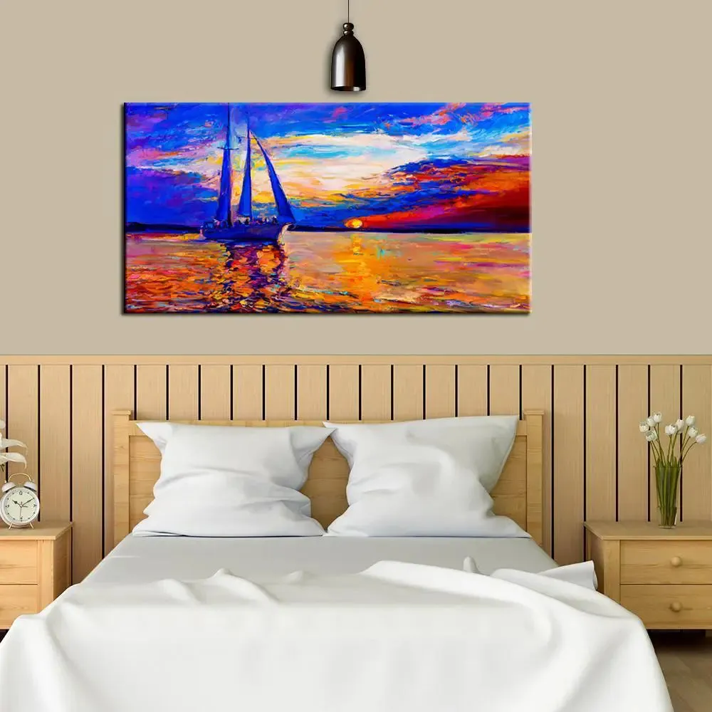 Big Panoramic Sail Ship During Sunset' Seascape  Canvas Painting With Frame
