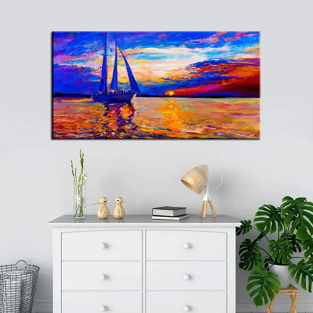 Big Panoramic Sail Ship During Sunset' Seascape  Canvas Painting With Frame