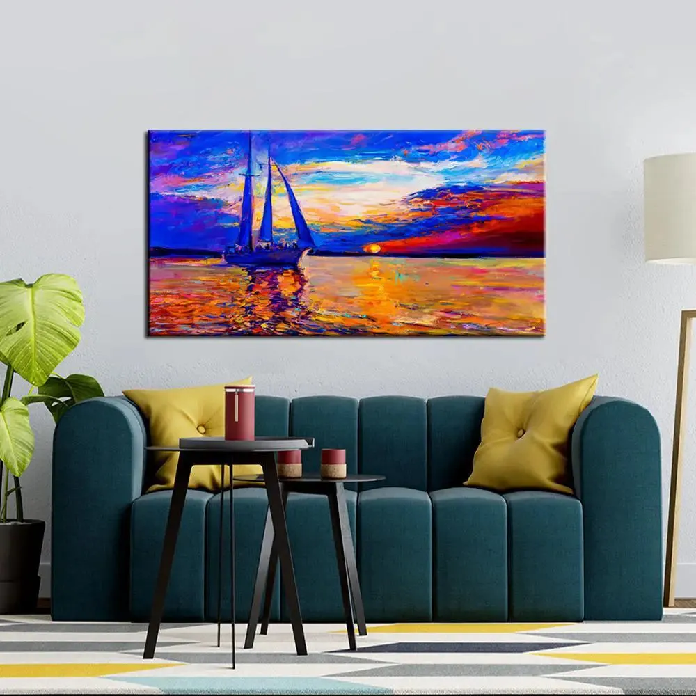 Big Panoramic Sail Ship During Sunset' Seascape  Canvas Painting With Frame