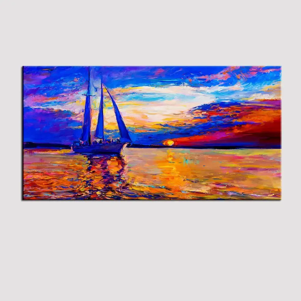 Big Panoramic Sail Ship During Sunset' Seascape  Canvas Painting With Frame