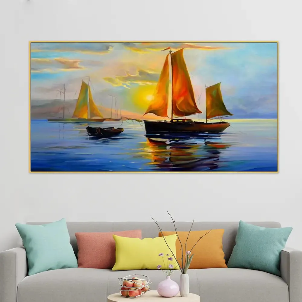 Big Panoramic Sailing ship floating on the river Canvas Painting With Frame