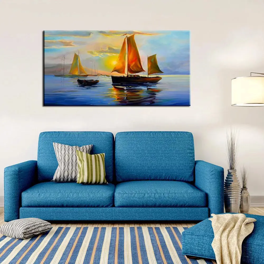 Big Panoramic Sailing ship floating on the river Canvas Painting With Frame