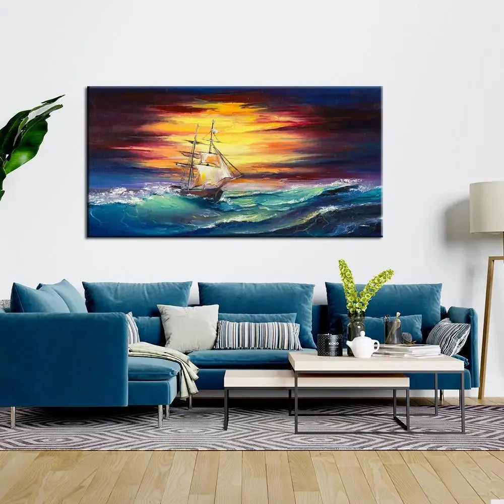 Big Panoramic Sailing ship in the storm Canvas Painting With Frame