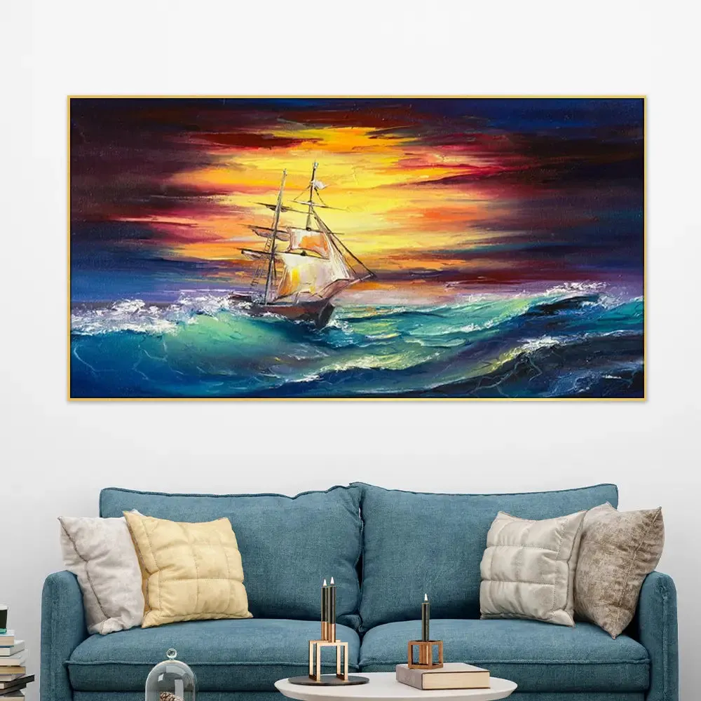 Big Panoramic Sailing ship in the storm Canvas Painting With Frame