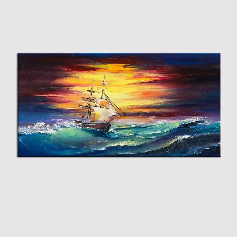 Big Panoramic Sailing ship in the storm Canvas Painting With Frame