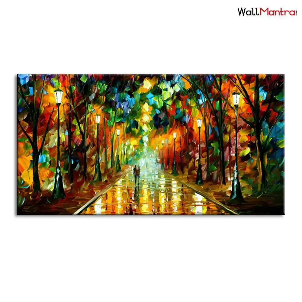 Big Panoramic Street Lamp Night Scenery Canvas Wall painting With Frame