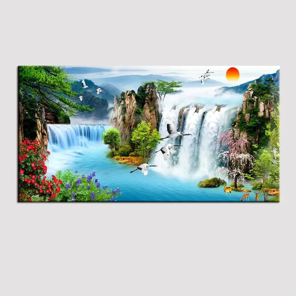 Big Panoramic Sunset Waterfall River Scenery Canvas Painting With Frame