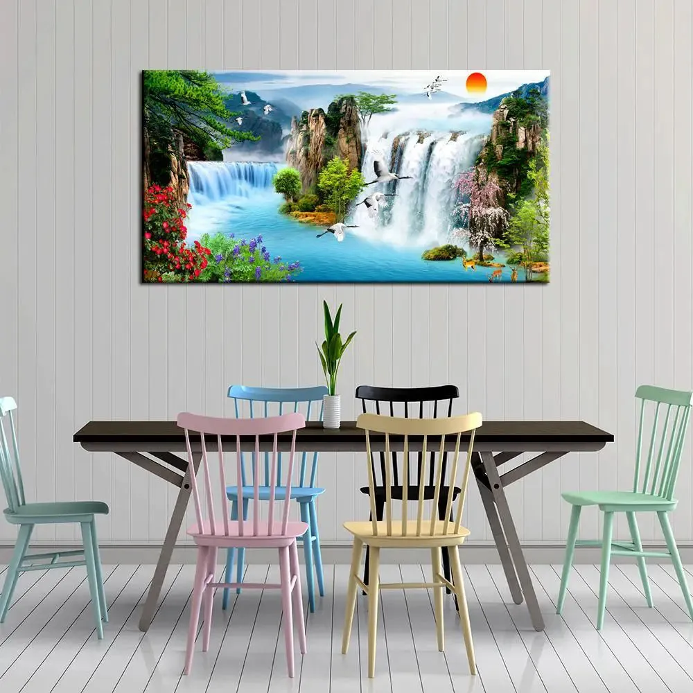 Big Panoramic Sunset Waterfall River Scenery Canvas Painting With Frame