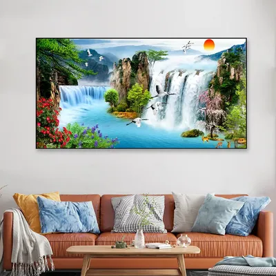 Big Panoramic Sunset Waterfall River Scenery Canvas Painting
