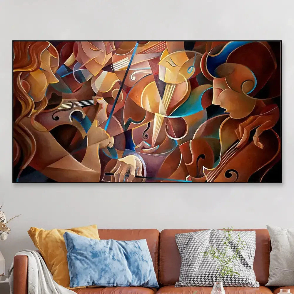 Big Panoramic Surreal Musicians Canvas Painting With Frame