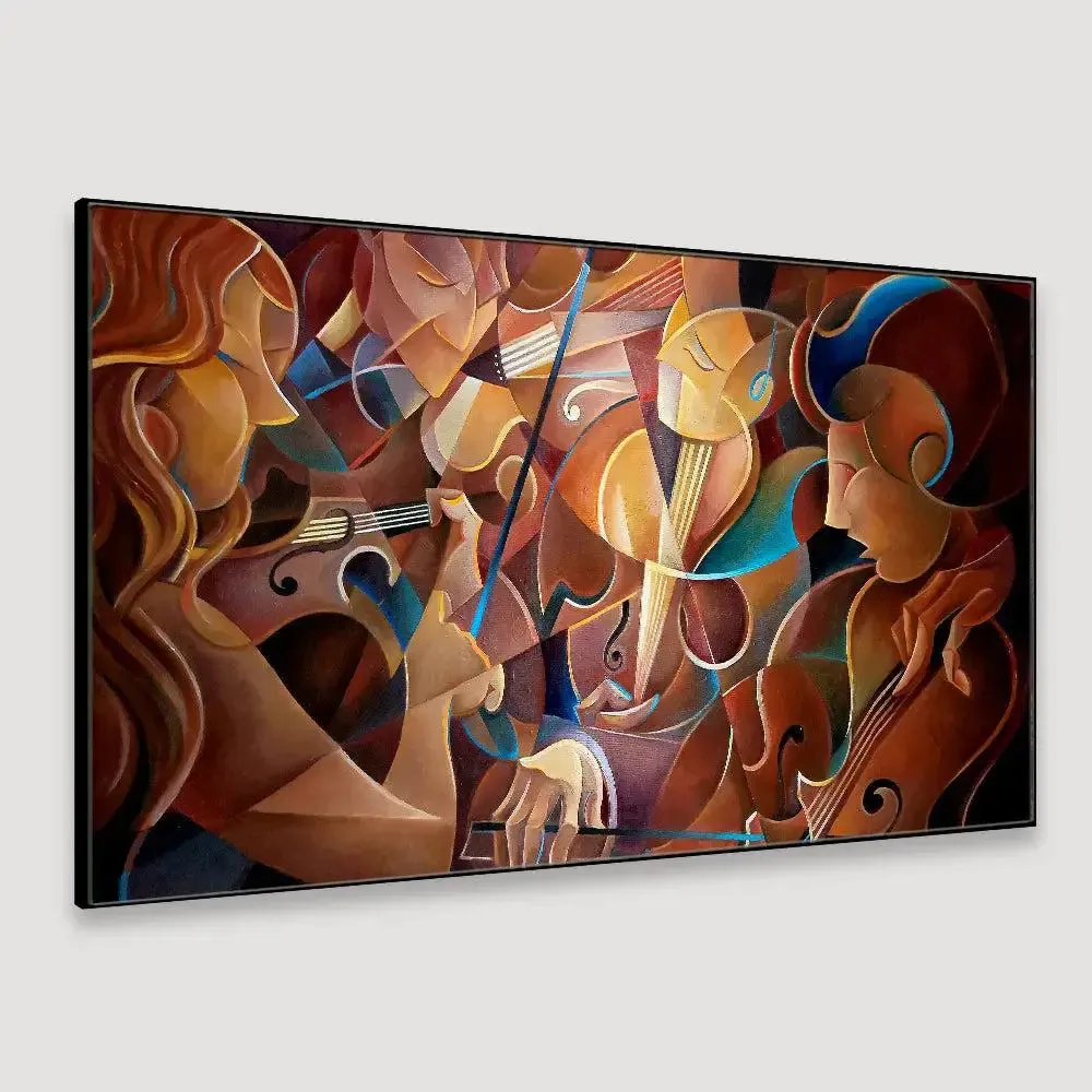 Big Panoramic Surreal Musicians Canvas Painting With Frame