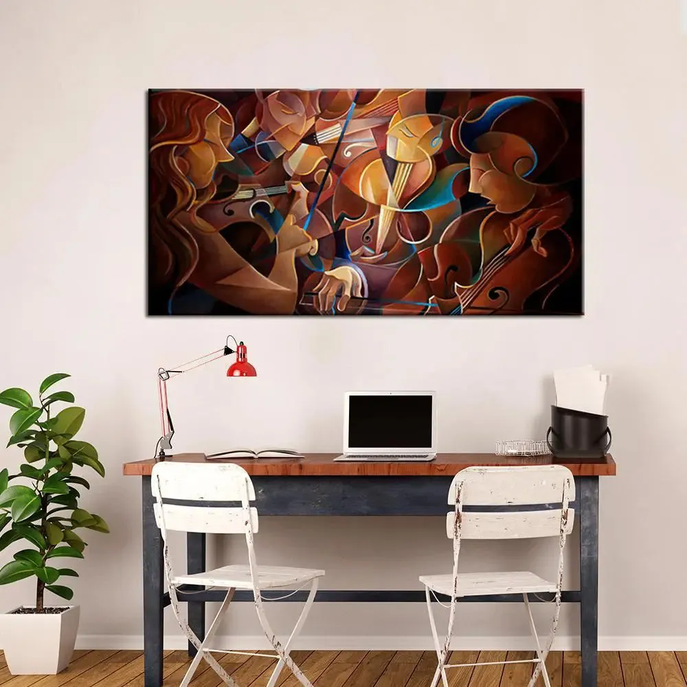 Big Panoramic Surreal Musicians Canvas Painting With Frame