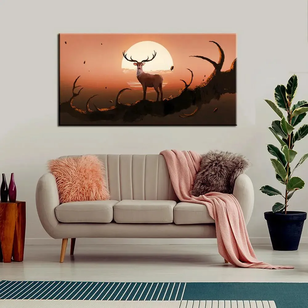 Big Panoramic The Deer On A Tree At Sunset Canvas Painting With Frame