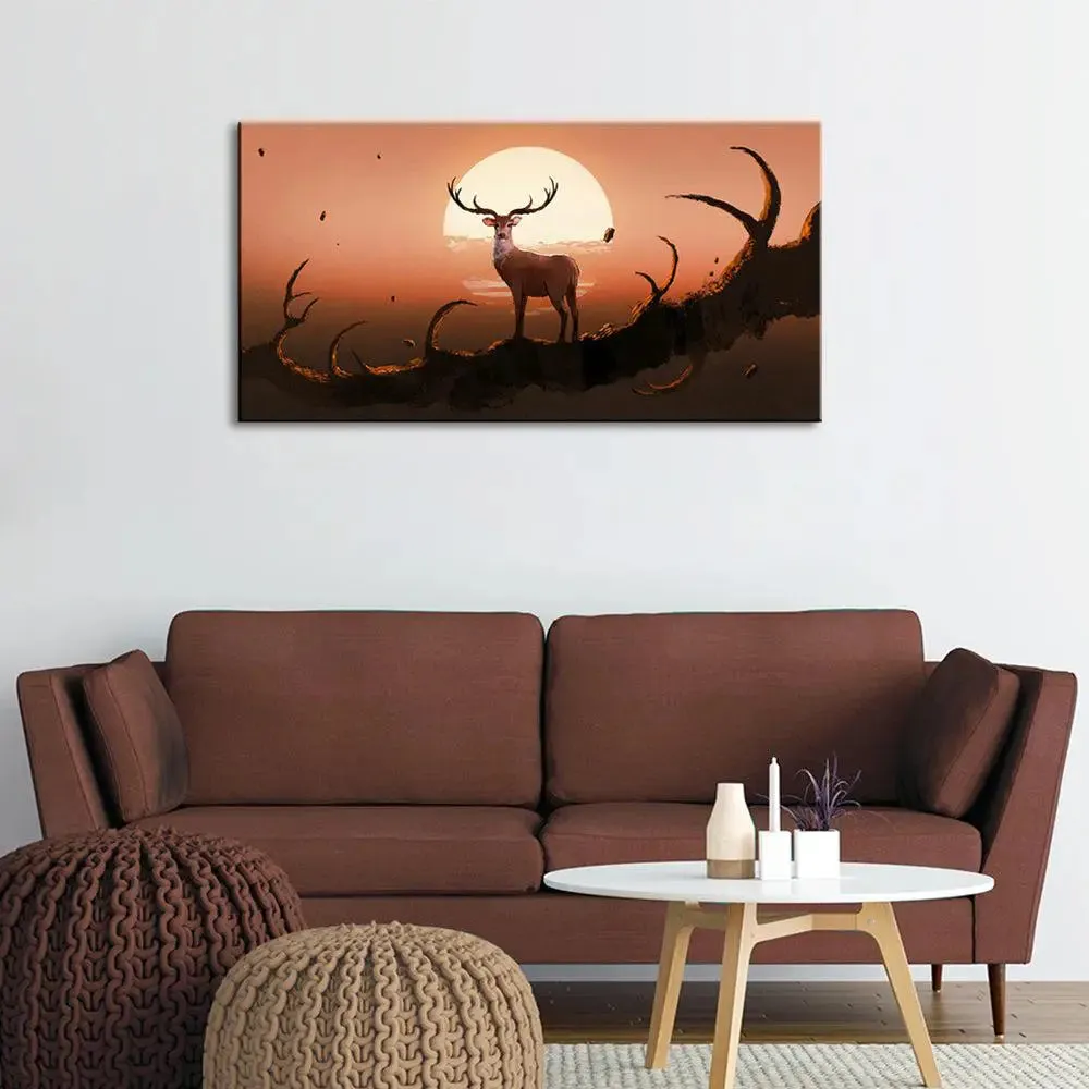Big Panoramic The Deer On A Tree At Sunset Canvas Painting With Frame