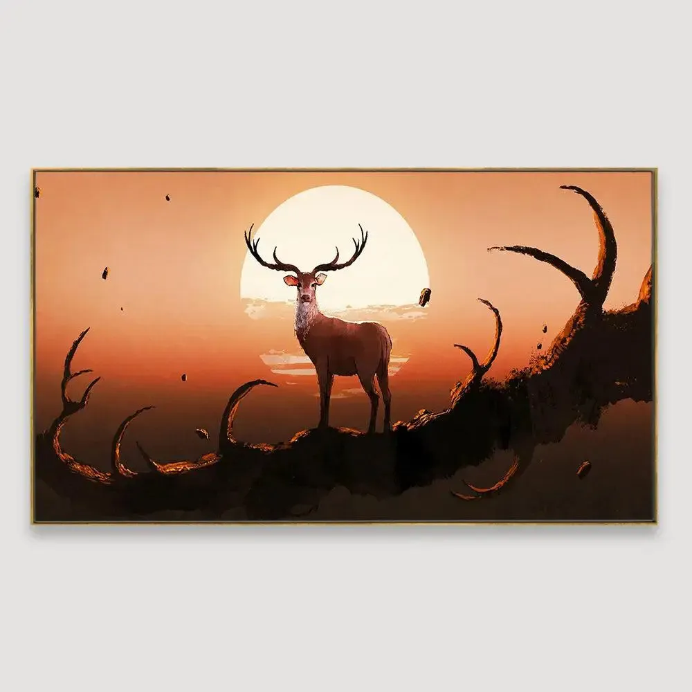Big Panoramic The Deer On A Tree At Sunset Canvas Painting With Frame