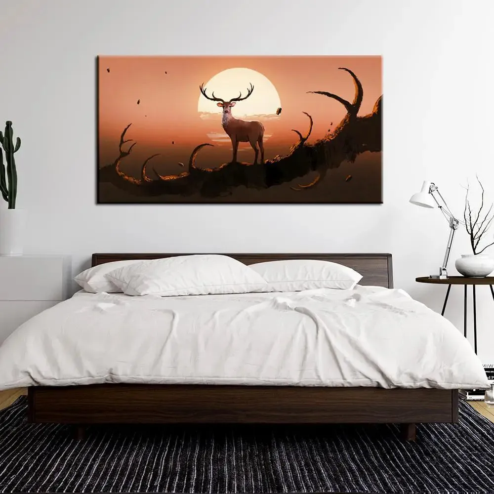 Big Panoramic The Deer On A Tree At Sunset Canvas Painting With Frame