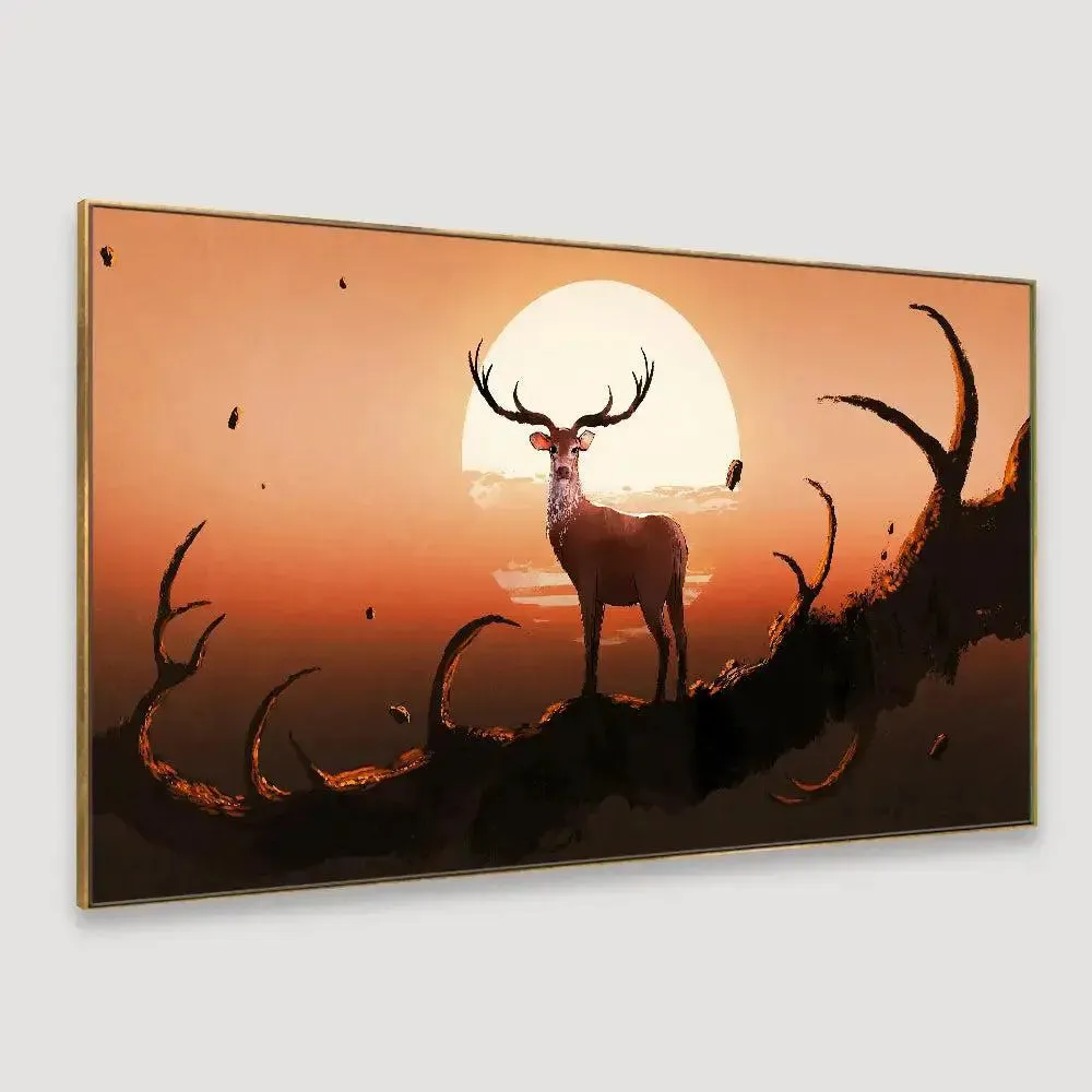 Big Panoramic The Deer On A Tree At Sunset Canvas Painting With Frame