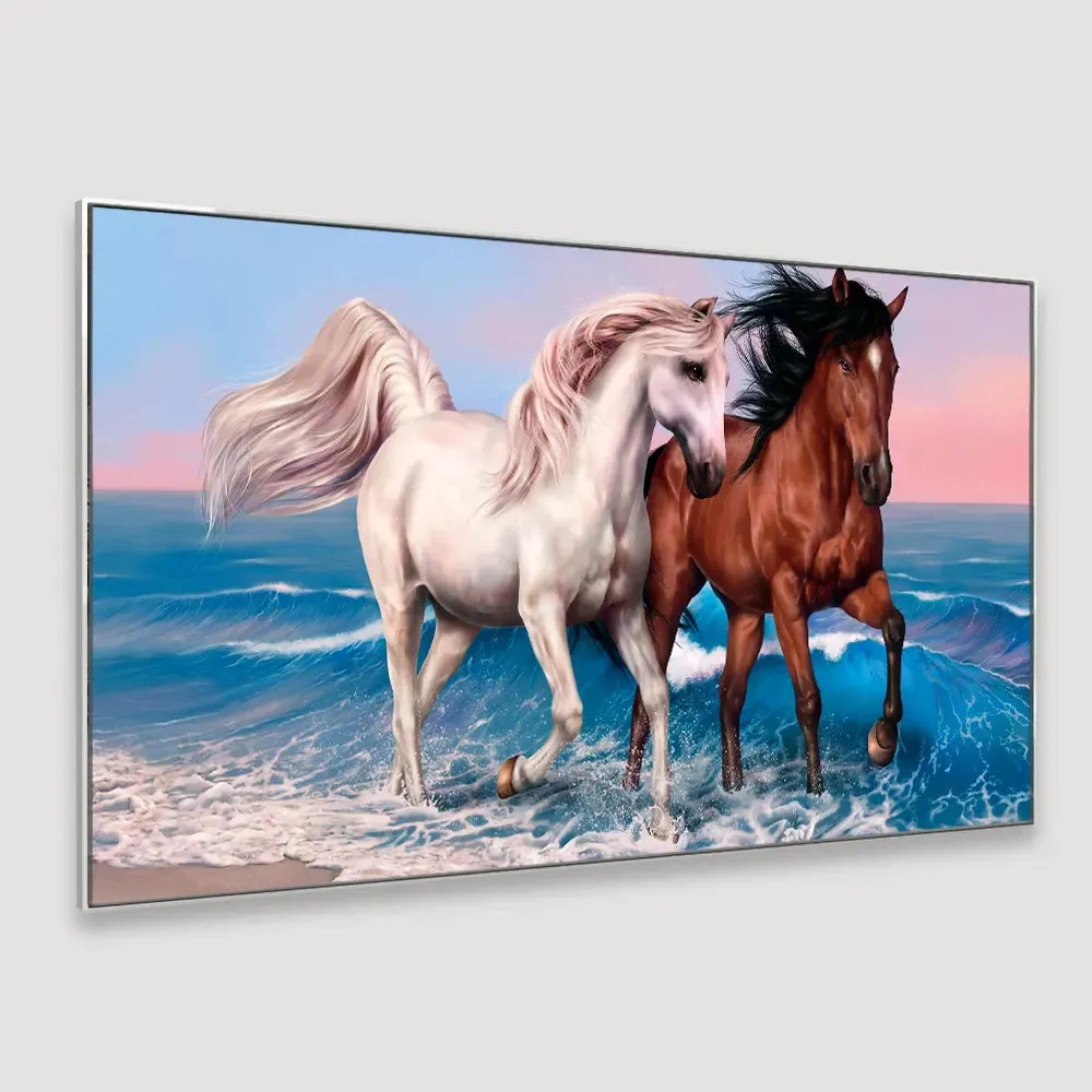Big Panoramic Two Running Horses Canvas Wall Painting With Frame