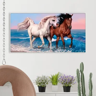Big Panoramic Two Running Horses Canvas Wall Painting