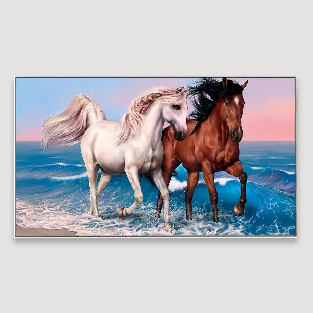 Big Panoramic Two Running Horses Canvas Wall Painting With Frame