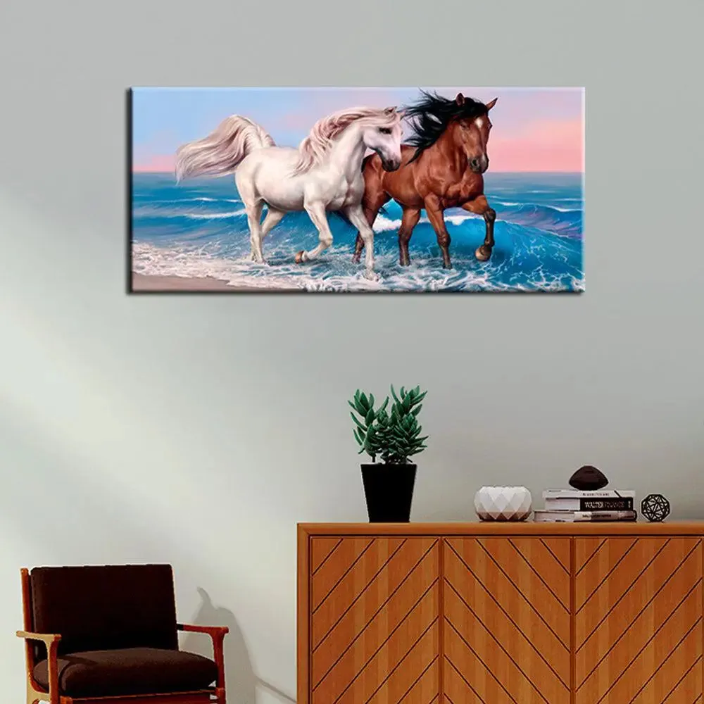 Big Panoramic Two Running Horses Canvas Wall Painting With Frame