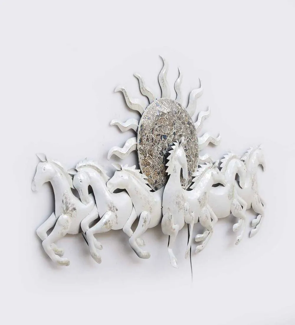 Big Seven Dreamy White Horses Backlit Metal Wall Art