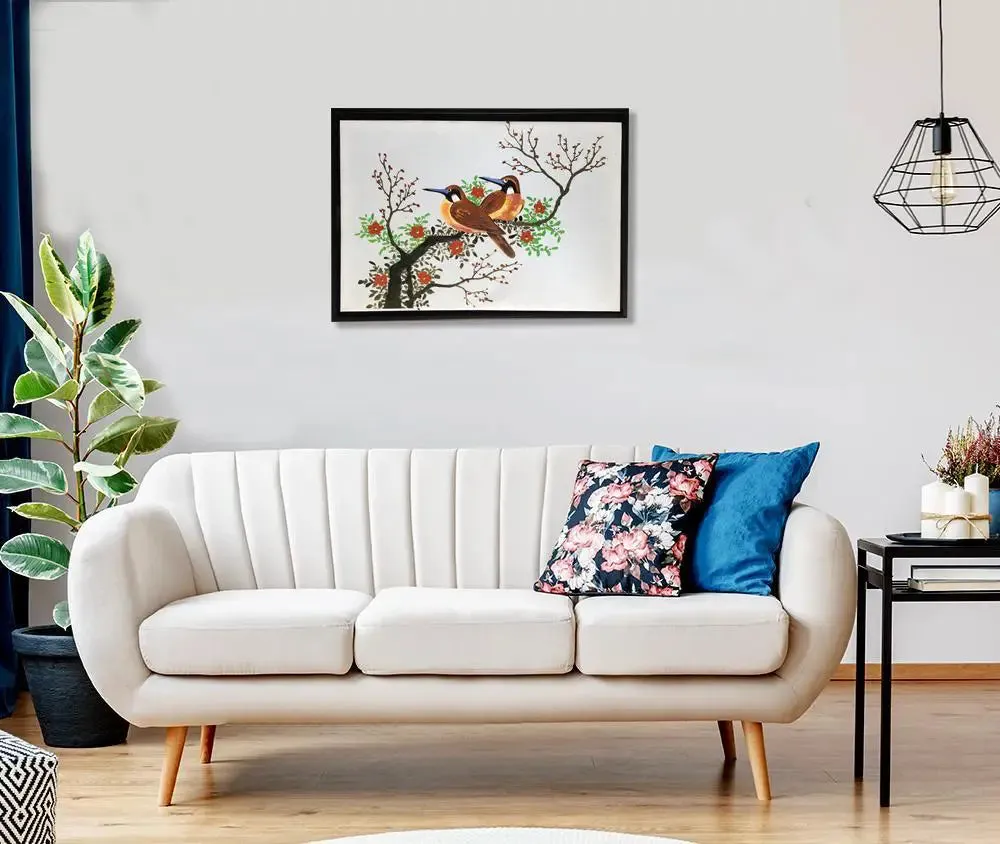 Bird Pair Handmade Painting On Canvas on Black Frame (Size: 18 inch (H) X 26 inch (W)