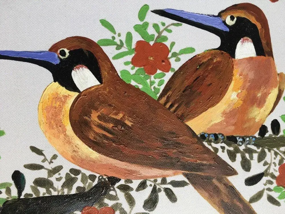 Bird Pair Handmade Painting On Canvas on Black Frame (Size: 18 inch (H) X 26 inch (W)