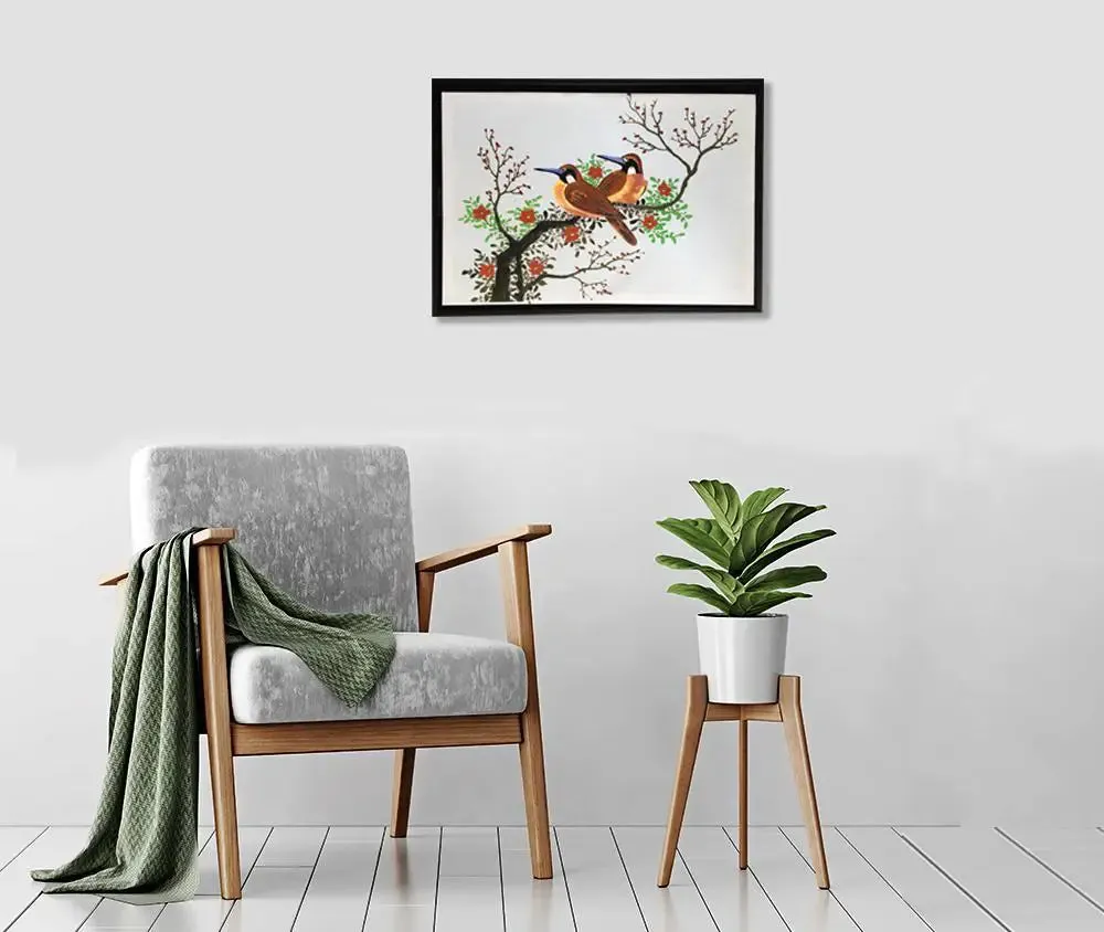 Bird Pair Handmade Painting On Canvas on Black Frame (Size: 18 inch (H) X 26 inch (W)