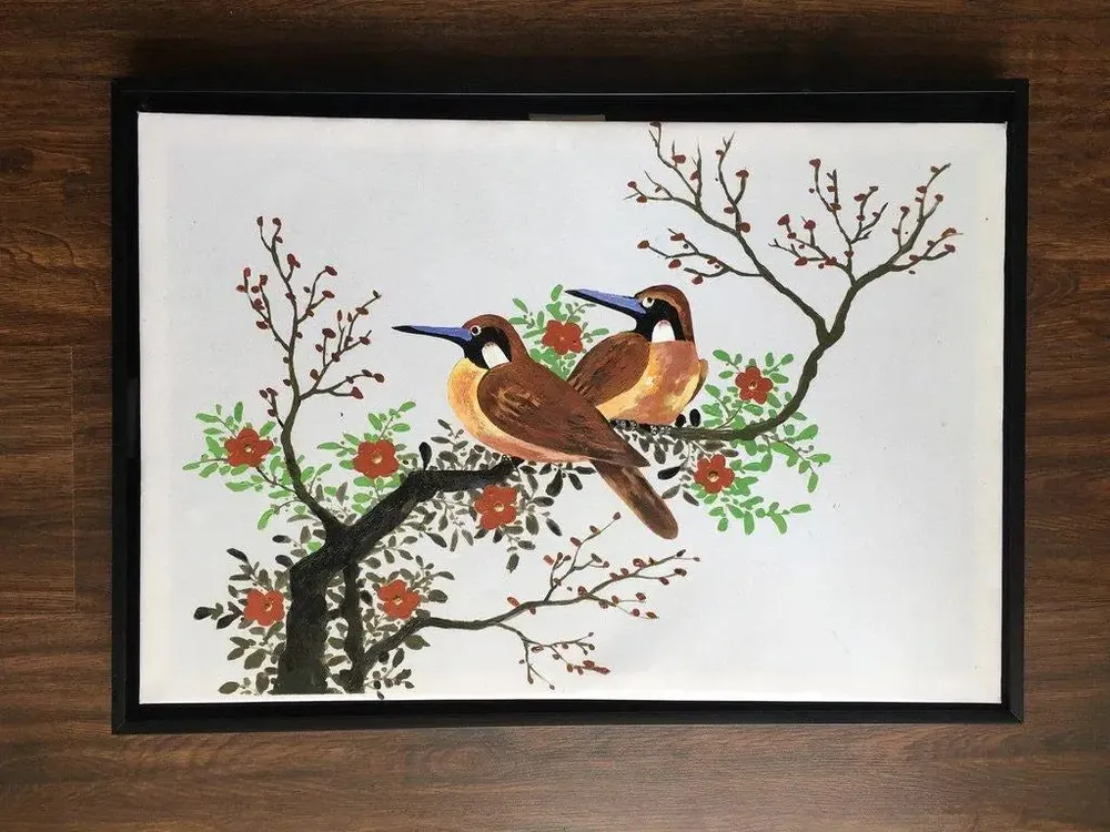 Bird Pair Handmade Painting On Canvas on Black Frame (Size: 18 inch (H) X 26 inch (W)