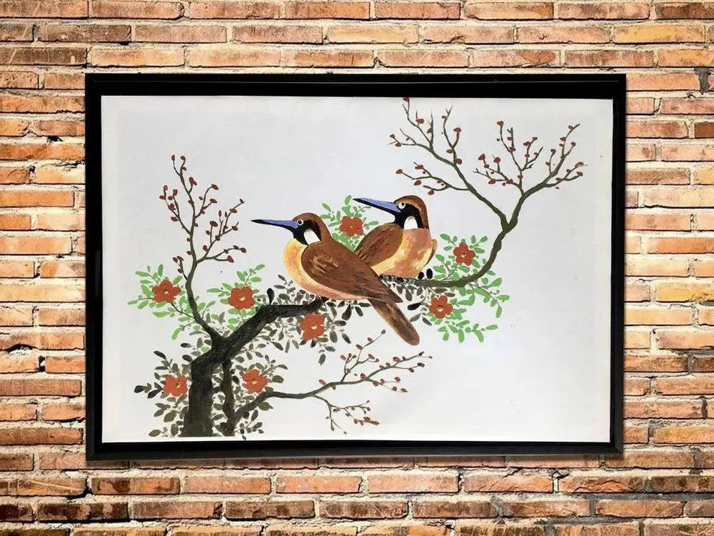 Bird Pair Handmade Painting On Canvas on Black Frame (Size: 18 inch (H) X 26 inch (W)