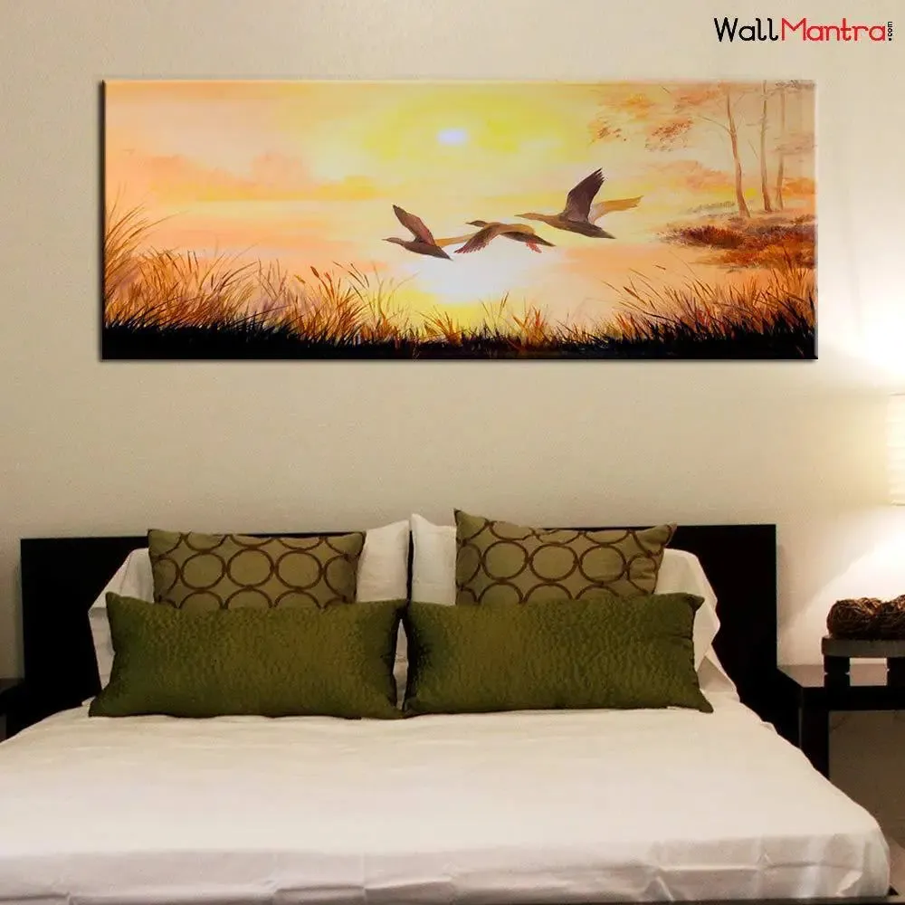 Birds In Sunset Scenery Canvas Painting With Frame