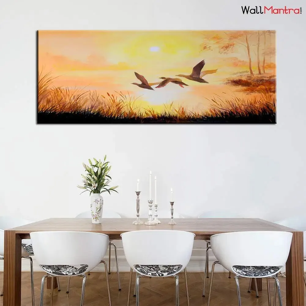 Birds In Sunset Scenery Canvas Painting With Frame