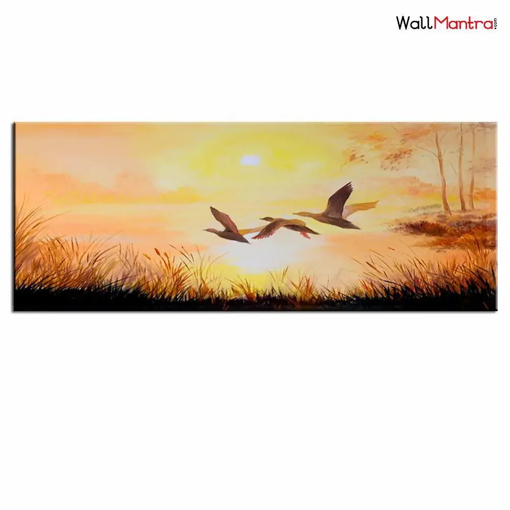Birds In Sunset Scenery Canvas Painting With Frame