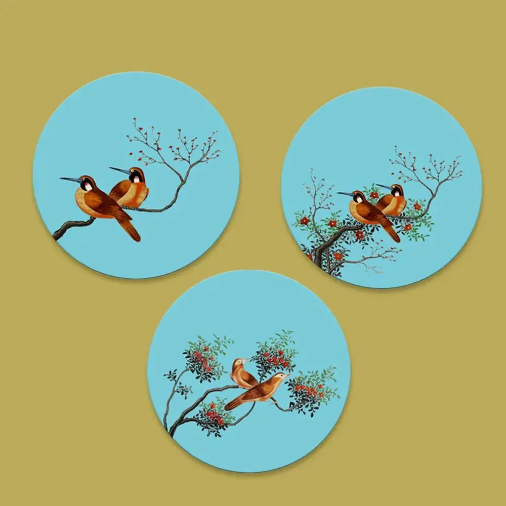 Birds on Branch Round Shape Canvas Wall Painting Set of 3