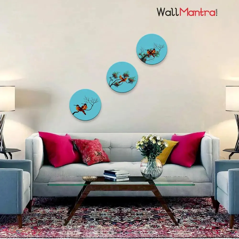 Birds on Branch Round Shape Canvas Wall Painting Set of 3
