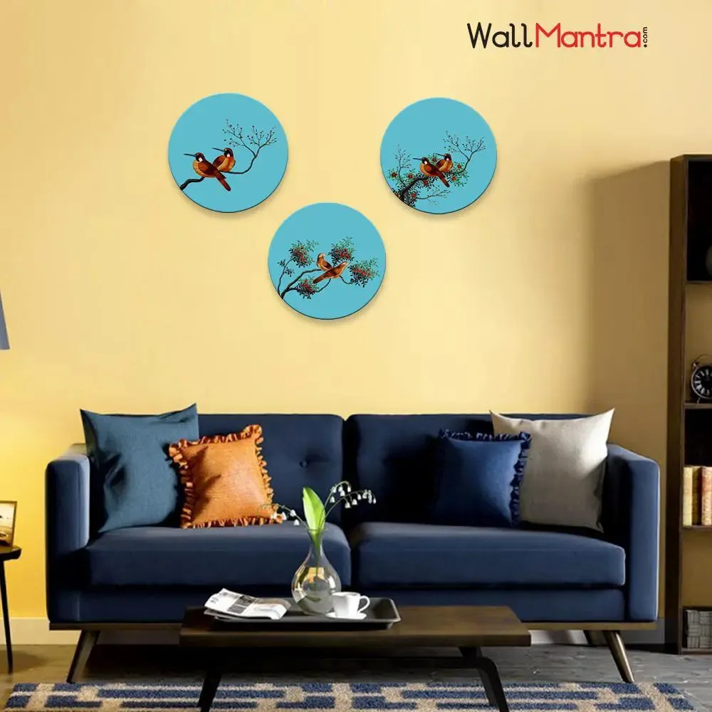 Birds on Branch Round Shape Canvas Wall Painting Set of 3