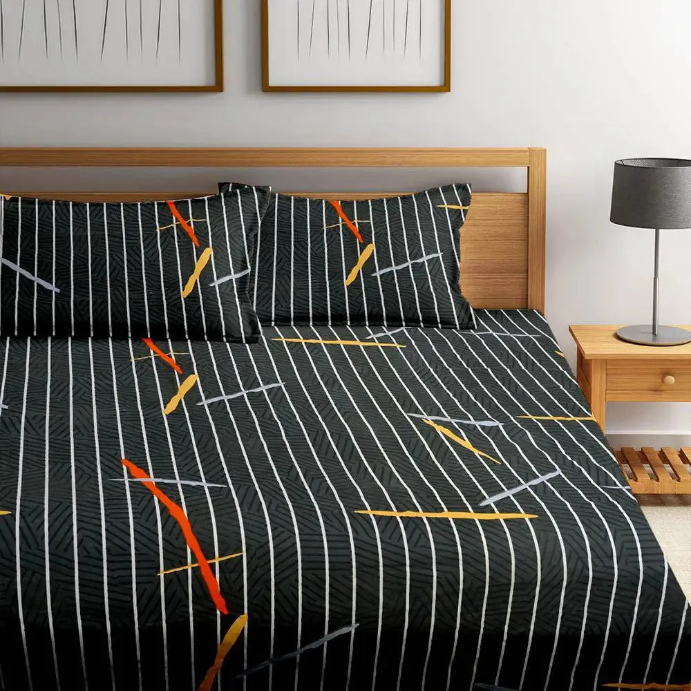Black Abstract Colorful Printed Cotton Double Bedsheet With 2 Pillow Covers