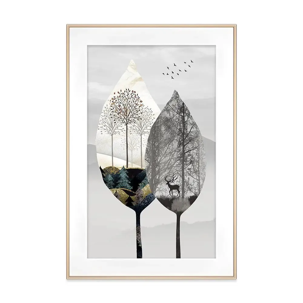 Black &amp; White Autumn Leaves Premium Big Framed Art