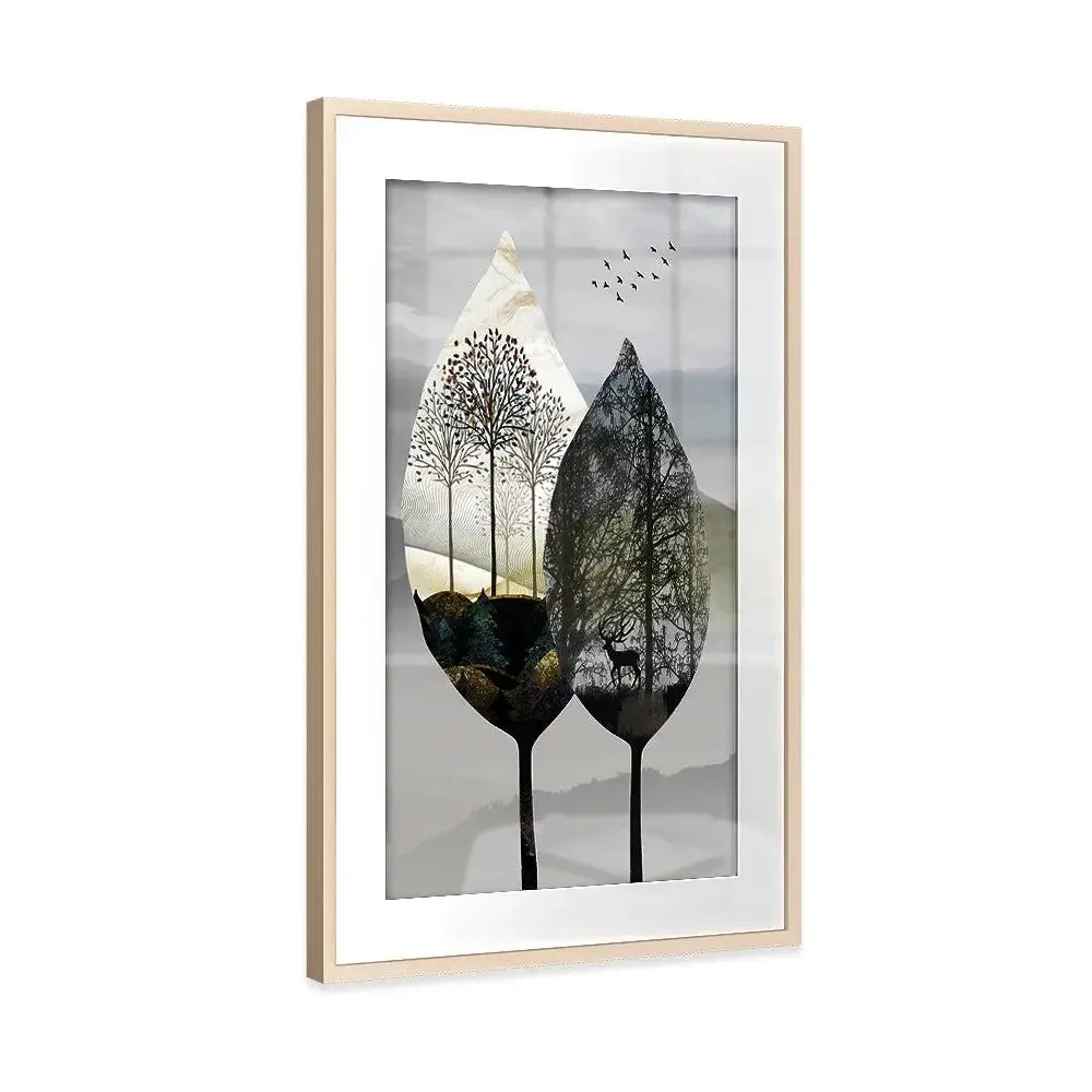 Black &amp; White Autumn Leaves Premium Big Framed Art